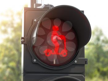 Scooter prohibition or ban concept. Traffic light with red scooter silhouette. 3d illustration