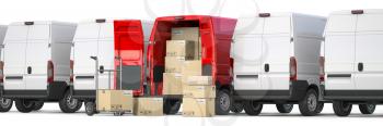 Red delivery van with open doors and hand truck with cardboard boxes iin a row of white vans. Delivery and shipping concept. 3d illustration
