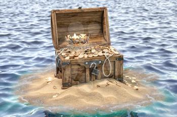 Open treasure chest full of golden coins on sandy island. Wealth and treasure concept. 3d illustration