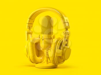 Yellow retro haedphones and microphone on yellow background. 3d illustration