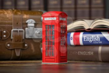 Learn English concept. Red telephone booth on backgrpund of english course textbook and vintage suitcase. 3d illustration
