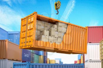 Cargo, shipment, delivery, logistics and freight transportation service. Cross section of  container with cardboard boxes loading by crane in warehouse. 3d illustration