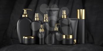Luxury cosmetic products in black and gold package, tubes and bottles on black velvet background. 3d illustration