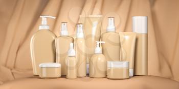 Luxury cosmetic products in beige package, tubes and bottles on beige background. 3d illustration