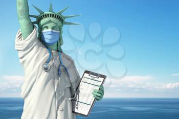Healthcare system inUSA United States concept. Statue of Liberty as doctor in medical gown with  surgical mask, stethoscope and medical analysis.  3d illustration