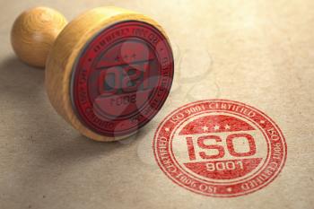 ISO 9001 certified concept. Rubber stamp with the text ISO 9001 on craft paper background. Quality control. 3d illustration