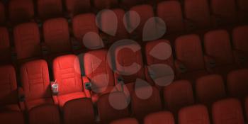 Cinema movie theater concept background. Red cinema seats and cola in empty theater. 3d illustration