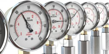Row of gas pression gauge meters on gas pipeline. Gas extraction, production, delivery and supply concept. 3d illustration