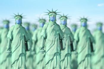 Statue of Liberty in surgical mask with lowered torch. America mourns coronavirus deaths concept. Healthcare and medicine in USA IUnited States. 3d illustration