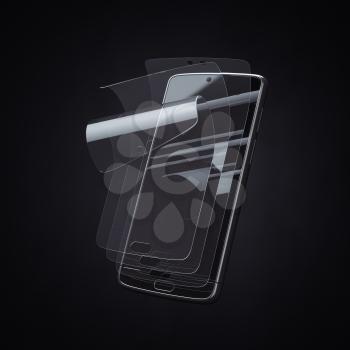 Smartphone screen protector glass or film cover. Transparent multi layered glass shield for mobile phone. 3d illustration