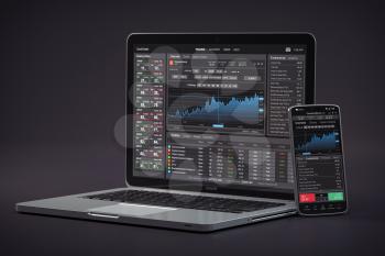 Stock exchange market concept. lLaptop and smartphone with stock trader application, graphs and diagrams on screen. 3d illustration