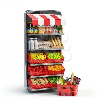 Grocery food buying online and delivery app concept. Food market in smartphone. Smartphone or mobile phone and shopping basket full of food. 3d illustration