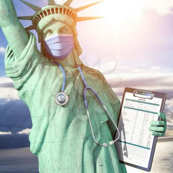 Healthcare system in USA United States concept. Statue of Liberty as doctor with  surgical mask, stethoscope and medical analysis.  3d illustration