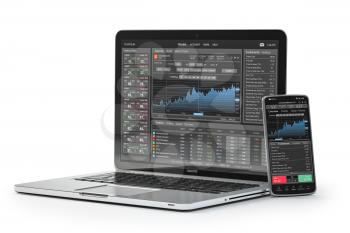 Laptop and smartphone with stock trader application, graphs and diagrams on screen isolated on white. Stock exchange market concept. 3d illustration