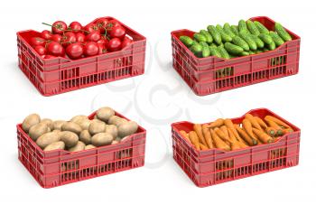 Set of plastic crates with vegetables. Potato, carrot, cucumber and tomato crates isolated on white. 3d illustration