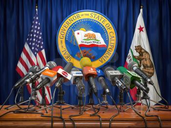 Press conference of governor of the state of California concept. Microphones TV and radio channels with symbol and flag of California state.  3d illustration
