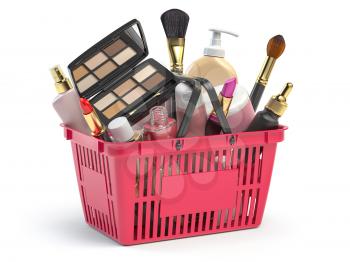 Cosmetics in shopping basket isolated on white. Beauty and make up products sale and purchasing online concept. 3d illustration