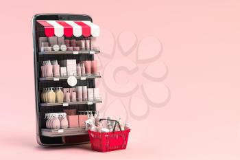 Cosmetics and beauty products buying online concept. Shopping basket with makeup products and mobile phone as shelf full of cosmetics on pink background. 3d illustration