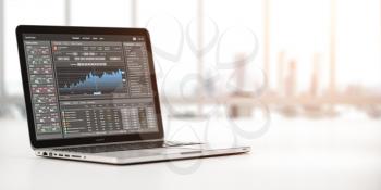 Laptop with stock trader application, graphs and diagrams on screen isolated on white. Stock exchange market concept. 3d illustration
