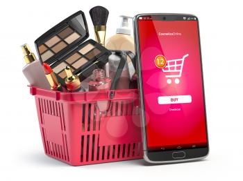 Cosmetics and beauty products buying online concept. Shopping basket with makeup products and mobile phone with app for buying on the screen. 3d illustration