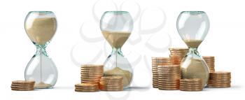 Golden coins and hourglass clock isolated on white. Return on investment, deposit, growth of income and savings, time is money concept. Business success. 3d illustration