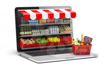 Grocery food buying online and delivery app concept. Food market in laptop. Computer as grocery shop with shopping basket full of food. 3d illustration
