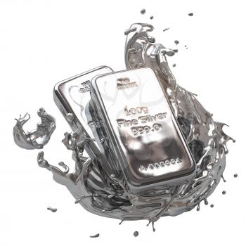 Silver bar or bullion ingot in liquid silver metal splash isolated on white. 3d illustration