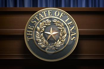 Symbol and big seal of State of Texas on the tribune. Press conference of governor of Texas or others political events of Texas concept. 3d illustration