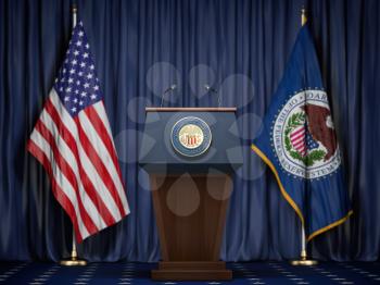 Federal Reserve System Fed of USA chairman press conference concept. Tribune with symbol and flag of FRS and United States. 3d illustration