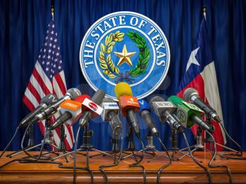 Press conference of governor of the state of Texas concept. Microphones TV and radio channels with symbol and flag of Texas state.  3d illustration