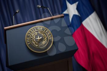 Press conference of governor of the state of Texas concept. Big Seal of the State of Texas on the tribune with flag of USA and Texas state.  3d illustration