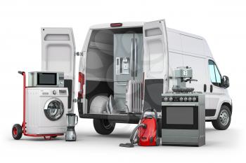 Buying and delivery household appliances concept. Delivery van with kitchen technics isolated on white. 3d illustration