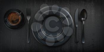 Top view of black plate, fork, knife, spoon and cup of coffee on black grunge table. 3d illustration