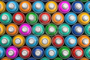 Top view of colorful graffity spray paint cans or bottles of aerosol. 3d illustration