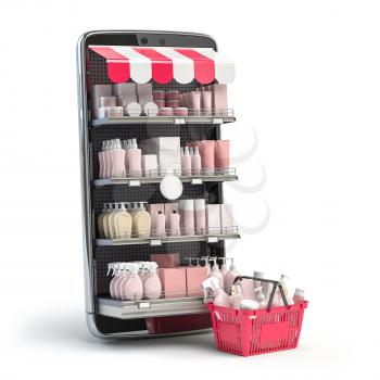 Cosmetics and beauty products buying online concept. Shopping basket with makeup products and mobile phone with shelves. 3d illustration