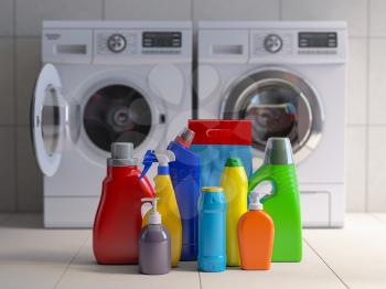 Washing machine, detergent bottles and powder. 3d illustration