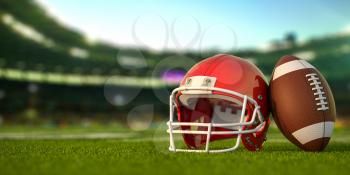 American football ball and helmet on the grass of football arena or stadium. 3d illustration
