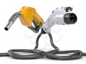 Electric vehicle EV charging plug and gas nozzle isolated on white. 3d illustration