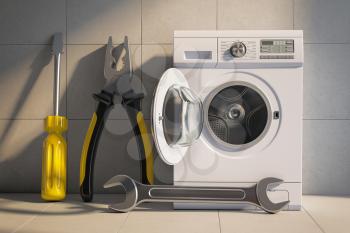 Washing machine with work tools. Repair service. 3d illustration