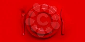 Top view of red plate, fork, knife and spoon on red table. 3d illustration