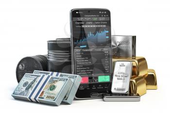 Stock exchange market trading platform on the screen of mobile phone. Smartphone with precious metals, money and crude oil. 3d illustration