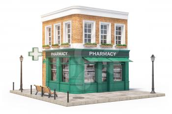 Pharmacy or drug store building exterior isolated on white background. 3d illustration