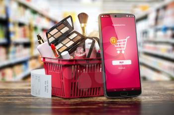 Cosmetics and beauty products buying online concept. Shopping basket with makeup products and mobile phone on shelf of cosmaetics shop. 3d illustration
