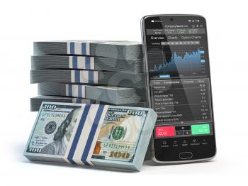 Stock market trading concept. Mobile phone and packs of dollar isolated on white. 3d illustration