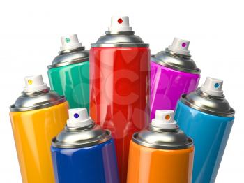 Colorful graffity spray paint cans or bottles of aerosol isolated on white. 3d illustration