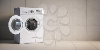 Washing machine on grey wall background. 3d illustration