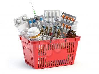 Shopping basket full of medicines, pills, blisters  and vaccine isolated on white. 3d illustration