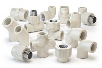 Set of PVC pipe fittings isolated on white. 2d illustration