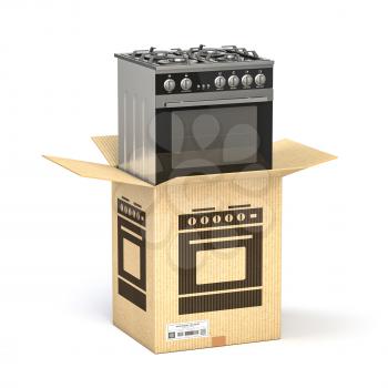 Gas cooker in cardboard box isolated on white. Household kitchen appliances   purchasing online concept. 3d illustration