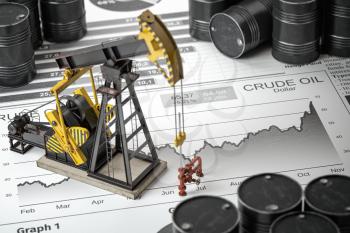 Oil pump jack and barrels on newpaper with growth of price of crude oil. Stock market of crude oil, investment and petroleum industry.  3d illustraton